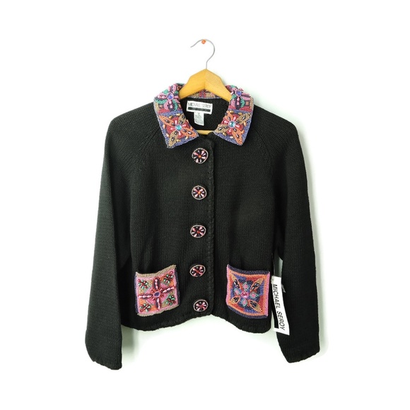 Vintage 90's rare Michael Seroy black cardigan colorful beaded art New - Picture 2 of 8